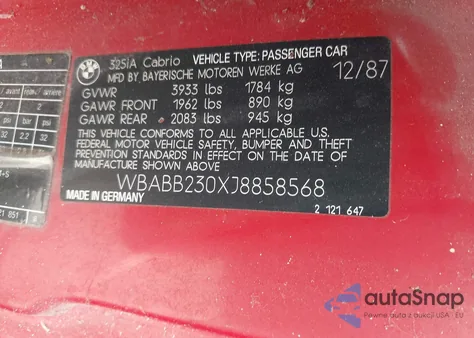 1988 BMW 325 I Automatic from USA, damaged, VIN WBABB230XJ8858568